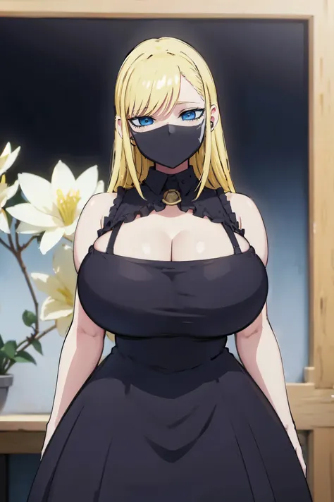 blonde hair, huge tits   , (((black dress))),  thick, busty, blue eyes, ((upperbody)), emotionless, cleavage, flower garden