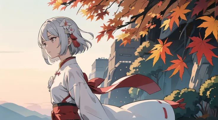 masterpiece,  best quality,  super detailed,  silver hair very short hairstyle, Pink Eyes,  hair flutters in the wind, Clean atmosphere , Solemn prayer, Chinese style hair ornament , Cinematic angles,  Autumn Scenery, autumn leaves