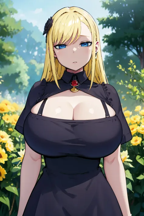 blonde hair, huge tits   , (((black dress))),  thick, busty, blue eyes, ((upperbody)), emotionless, cleavage, flower garden