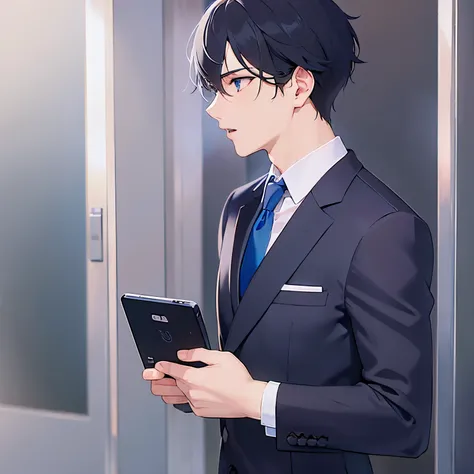 side angle,upper body,
shiny skin, masterpiece、 best quality、
(25-year-old male:1.5) and ( short black hair) and ( blue eyes), 
 ( wearing a suit :1.5) and ( blue tie )、
serous,open mouth,
,The background is the office entrance、（alone:1.5）