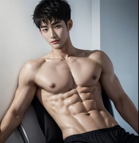 (( Best Quality )), ((masterpiece)), ( detailed),  1 boy , 20 years old，Korean male model,  messy black short hair ,  heavenly handsome male face,  detailed eyes, happy expression , Sexy ,  naked body, 6 Belly , Smooth and ,  actual ,, Ultra-high-definitio...