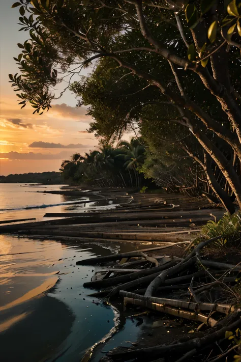 Surrounded by golden mangroves at dusk, with saltwater channels and interconnected streams.