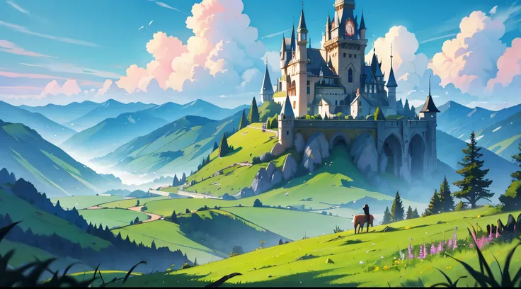 fantasy world, The horizon seen from a gently uphill grassland in a hilly area