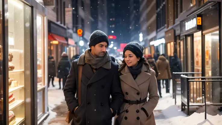 A chilly January morning in the city, with streets lined by tall buildings dusted with snow. People bundled in coats and scarves walk briskly, their breath visible in the cold air. Warm light glows from shop windows, contrasting with the gray winter sky.