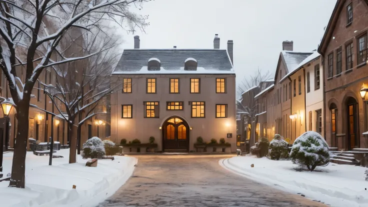 A quiet January afternoon in the city, with cobblestone streets lightly dusted with snow and historic stone buildings framed by bare trees. Soft golden light filters through overcast skies, reflecting off frosted windows and creating a serene, scholarly at...