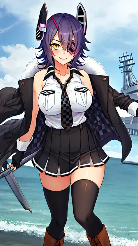 best quality, masterpiece, solo, {tenryuu_kantaicollection:1.15}, teen_girl, eyepatch, short_hair, purple_hair, yellow_eyes, headgear, breasts, necktie, large_breasts, smile, 1girl, blush, checkered_necktie, hair_over_one_eye, shirt, collared_shirt, white_...