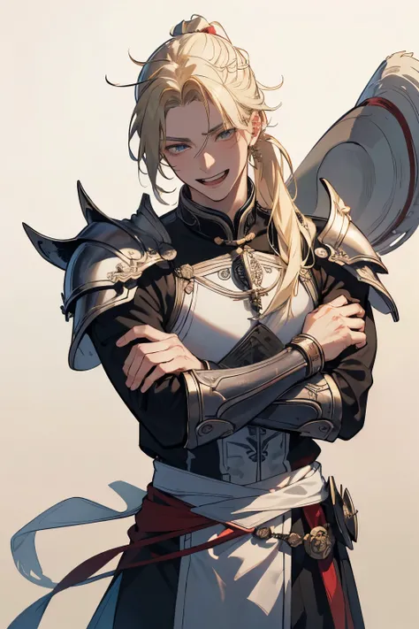 masterpiece,best quality, best quality, Details, Perfect One Man , beautiful face, adult,man in metal armor,youth, white skin,(額に痣), fantasy,anime,(cowboy shot),((no hat:1.5)), simple background, ponytail ,Blonde,(laughing,looking at viewer)