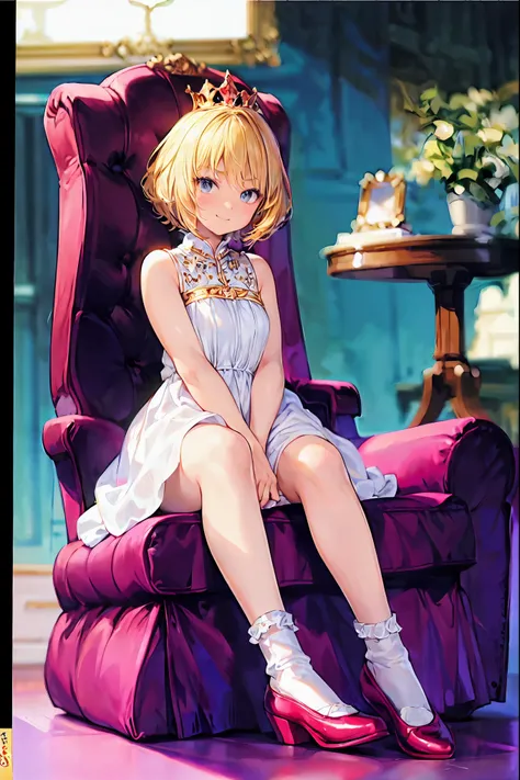 ( High Quality,  masterpieces」:1.2), (Ultra-high definition illustrations), (Very cute princess:1.3　15yo), ( 1 girl:1.2), Alone, ( Shot from Below :1.3) ,(Haughty Gaze:1.3) nsfw,  sleeveless,  (Gorgeous queen dress:1.3), whole body, Round baby face, ( glas...