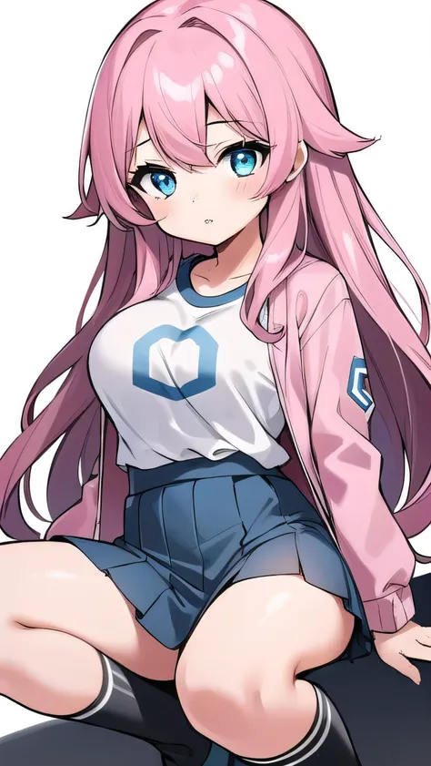 One girl, elementary school student, pink hair,  short, slanted eyes, super long hair, (((straight hair))),  white long sleeve T-shirt, gray super mini skirt, (pink jacket), wearing jacket, knee socks, (blue eyes: 1.2), (super large breasts: 1.1), young gi...