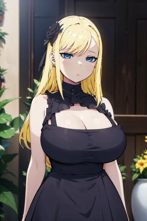 blonde hair, huge tits   , (((black dress))),  thick, busty, blue eyes, ((upperbody)), emotionless, cleavage, flower garden