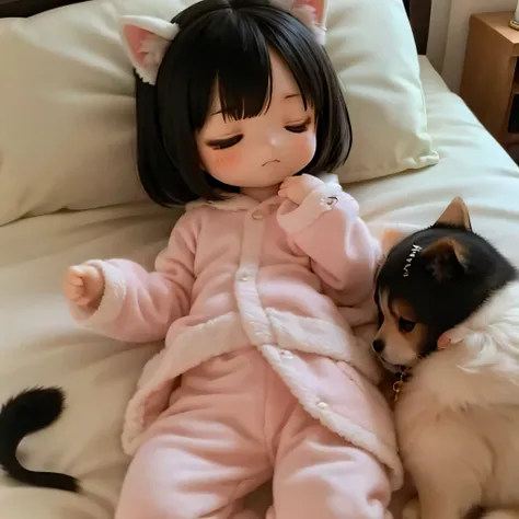 Shiba Inu girl sleeping in chibi pajamas、Girls sleeping in bed