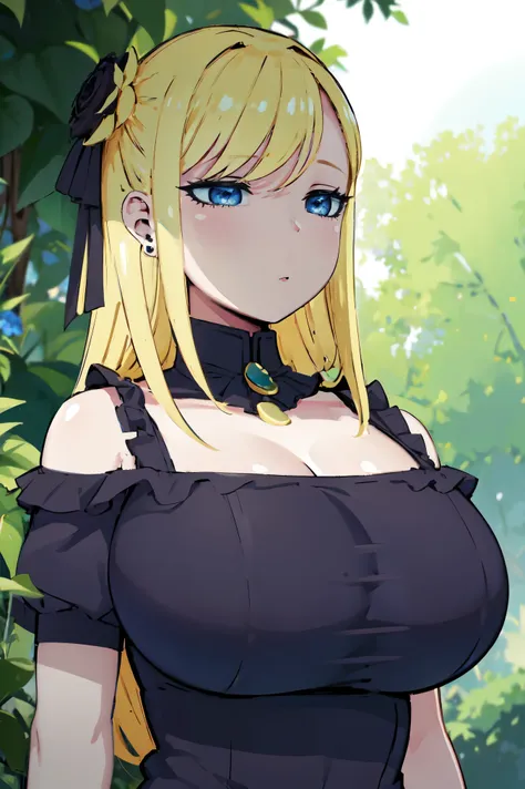 blonde hair, huge tits   , (((black dress))),  thick, busty, blue eyes, ((upperbody)), emotionless, cleavage, flower garden