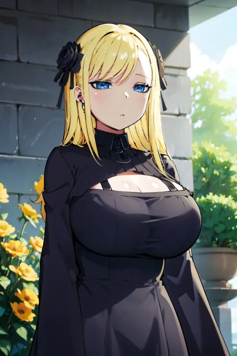 blonde hair, huge tits   , (((black dress))),  thick, busty, blue eyes, ((upperbody)), emotionless, cleavage, flower garden