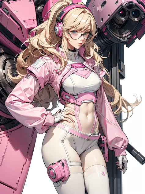 masterpiece, best quality, ultra detailed, 4k.8k, extremely detailed CG, blond messy wavy long hair, white leotard, pink short down jacket, white school knee high socks, pink long boots, white leggings belt, mechanical head, holster gun, long skirt, mechan...