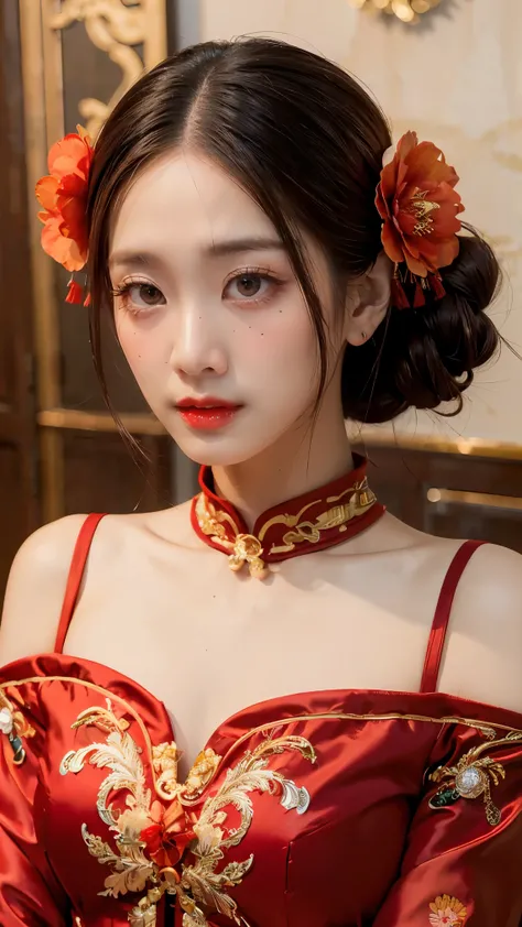 1girl,upper body,fashi-girl,china dress,chinese clothes,hair flower,(masterpiece:1.4),(best quality:1.4),(shiny skin),red lips,looking at viewer,large breasts,parted lips