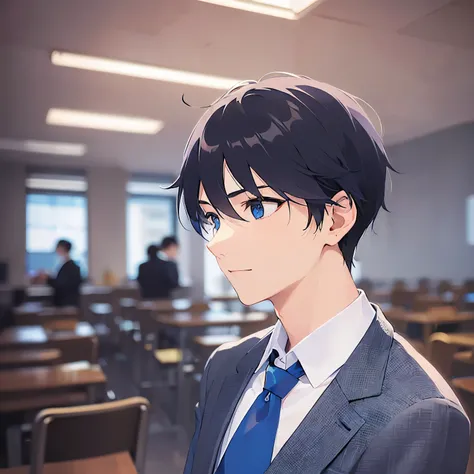 (looking away:1.5),upper body,
shiny skin, masterpiece、 best quality、
(25-year-old male:1.5) and ( short black hair) and ( blue eyes), 
 ( wearing a suit :1.5) and ( blue tie )、
smile, is sitting、
, is a conference room、（alone:1.5）