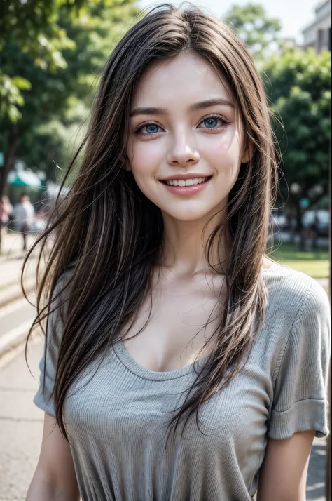 Enjoys walking, Photorealistic, Fair and smooth skin, Grey-blue eyes, Beautiful face, Brunette hair, Photon mapping, Bright natural light, Vibrant colors, Aesthetics, Smiling, Laughing happily,