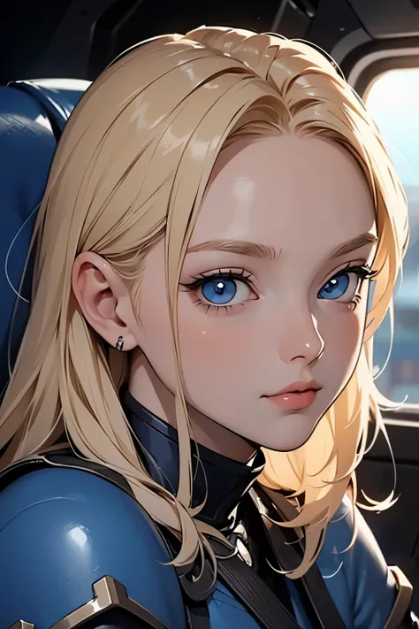 Upper body close-up image. A beautiful woman. Detailed drawing of the face. Blonde hair and blue eyes. 25 years old. She is looking at the camera with a defiant expression. She wears blue-black armor. She is sitting in the cockpit of a small space battlesh...