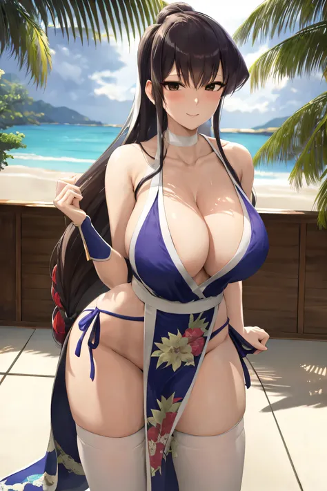 masterpiece, best quality, beautiful art, high resolution, well formed hands, body and fingers, 1 woman, solo, Komi Shouko, hair ornament, adult, grown up, big breasted, cleavage, full body, braided long hair, blue_japanese_clothes, wearing DOA Kasumis blu...