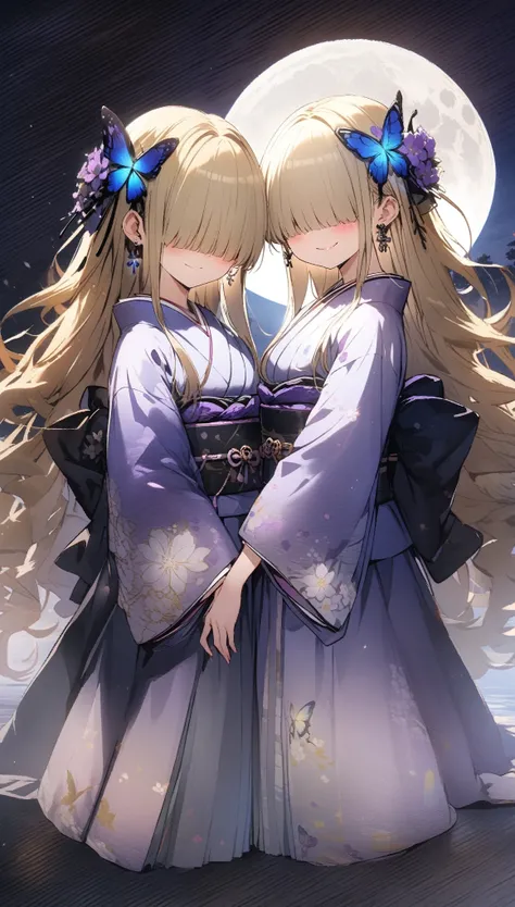 2girls, (twins:1.5), long hair, golden hair, looking at another, blush, smile, closed mouth, jewelry, (full body:2.0), outdoors, earrings, japanese clothes, hair flower, (hair over eyes:1.7), sash, obi, bug, animal print, night sky, full moon, purple flowe...