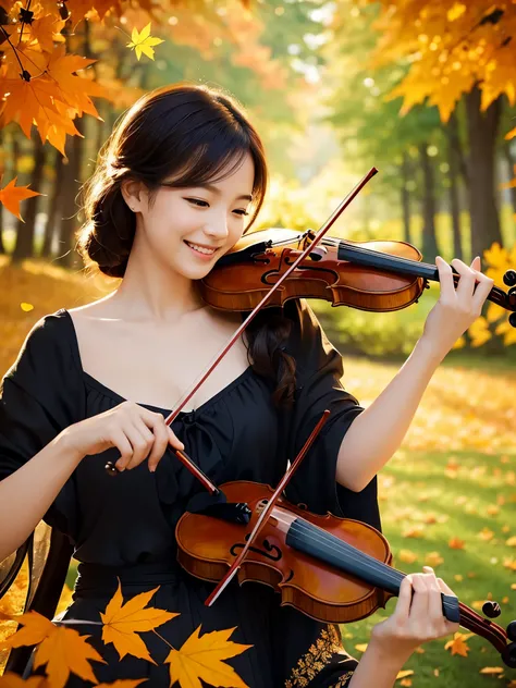  best quality　masterpiece　 Details　A super beautiful woman is smiling and playing the violin while beautiful maple leaves are scattered　butterfly々is flying　Photo style　 imaginary　 fantasy