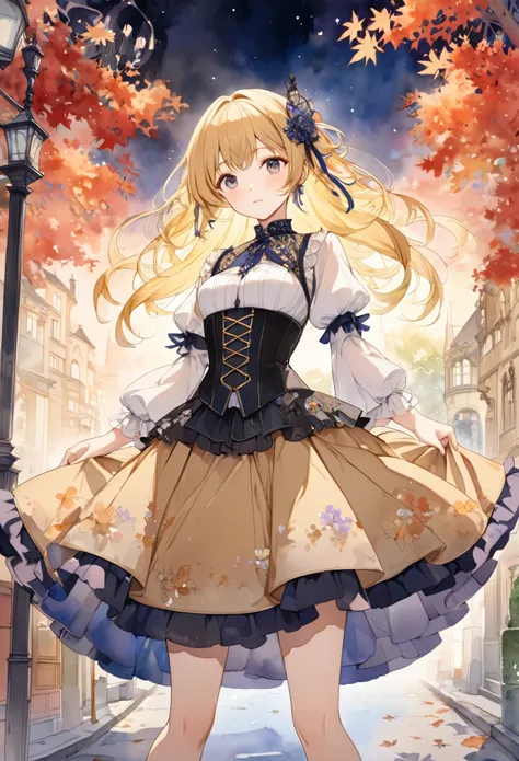 (((nsfw)))、 (((watercolor))), (((gothic))),      tree々Woman standing on a street surrounded by   、 A fascinating scene  ,     Decorate with hair accessories     、       The pose is medium length      ,           wavy blonde hair    ..。.。Super mini skirt wi...