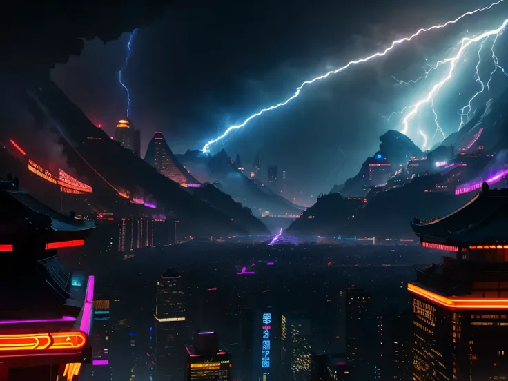  Neon streets of futuristic cities ， Skyscrapers with flashing neon lights，Chinese style，Shanhai Sutra: Alien Beasts as Bodies，Lightning thunderstorms ，Meteorite Fall，Fire Rain， full body ，Second Dimension， Highly detailed ，illustration， 8k resolution，HD，S...