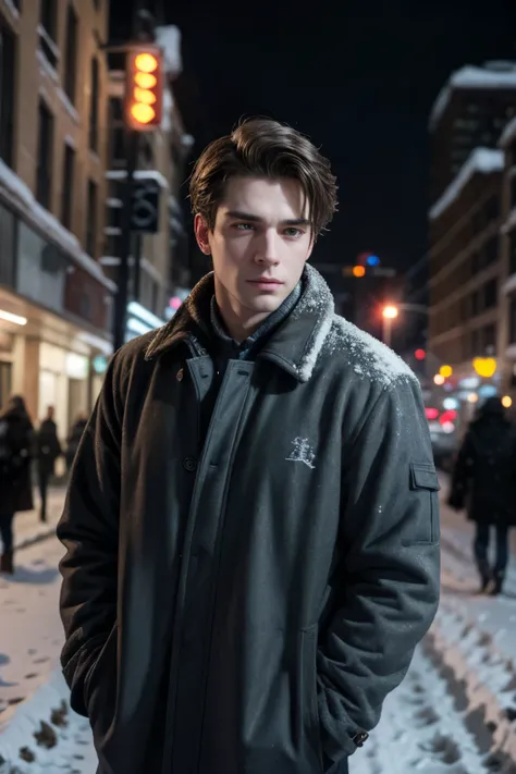  Make an American guy in cold clothes, And an actors hair,  in a snowy city 