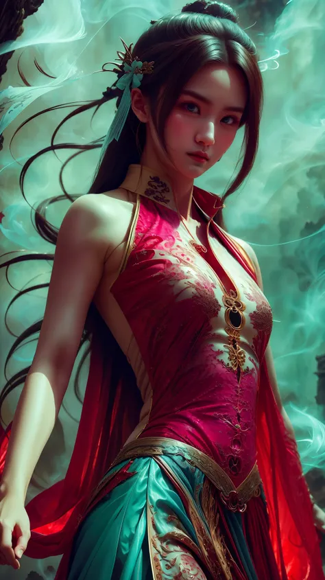 With her arm raised in a commanding gesture, the wuxia girl stands in a hanfu dress that seems to flow like smoke around her. Her long hair dances in the wind, adding to the dynamic energy of the scene. In the background, a mesmerizing fractal art piece ad...