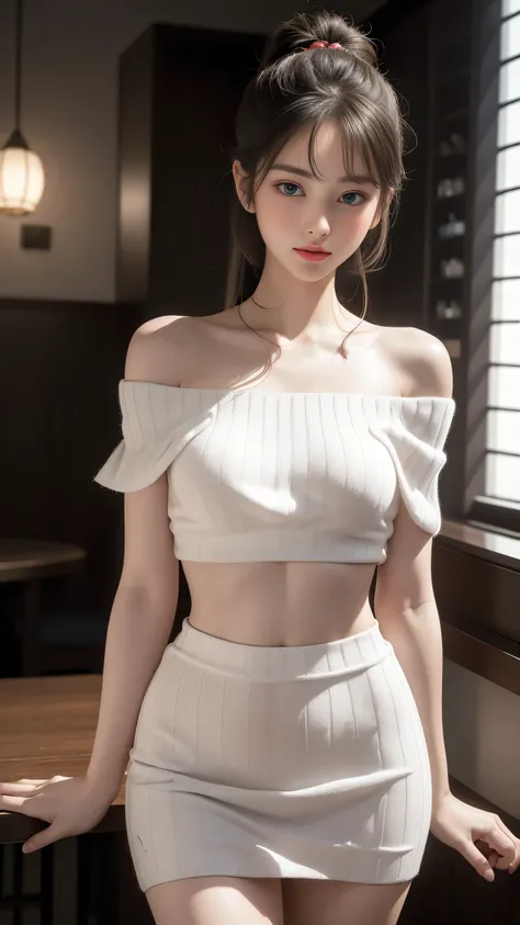 
(8k, RAW Photos, Best Quality, masterpiece:1.2), (Realistic, photo-Realistic:1.37),  very detailed,  ultra high resolution,  See One Girl ,  beautiful 精巧な顔, Smile, narrow,(( off-shoulder white hand knitted sweater showing the lower part of the chest, Slee...