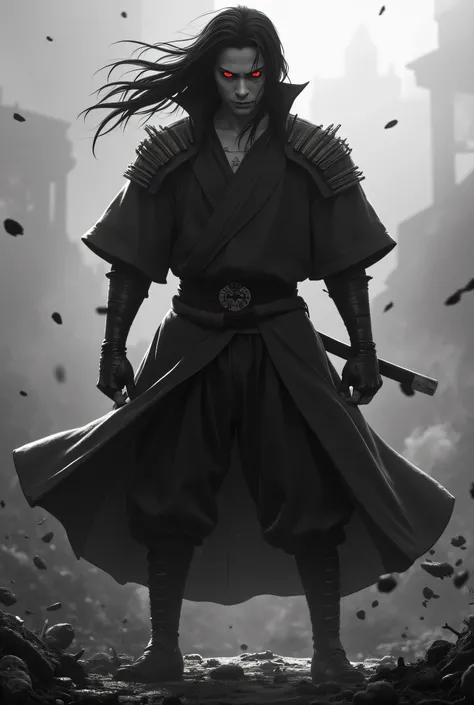 " An imposing and realistic warrior , inspired by Uchiha Madara ,  is standing in the middle of a chaotic and devastated scenario .  The entire scene is in shades of black and white ,  with dramatic shadows that highlight the surrounding destruction .  The...