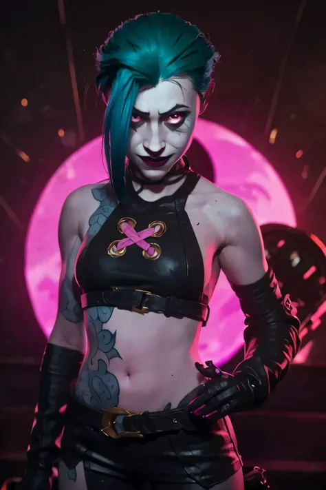  Full body. Jinx , 1girl, young girl,  ((psycho face, creppy smiling. Angry face )), (((skin texture))), cinematic, ultra highly detailed, beautiful details, vivid, saturated colors, filigree detailed, tiny details, pop surrealism, cowboy shot. ((Cinematic...