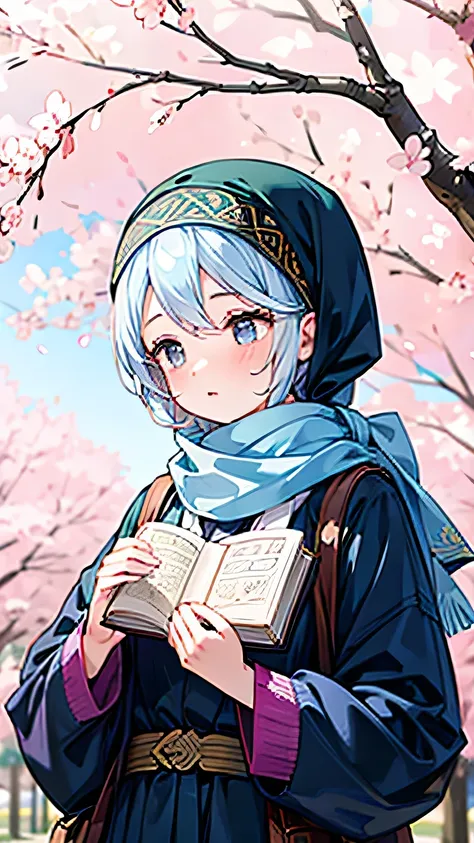 A woman wearing a headscarf reads the Quran beside a cherry blossom tree.