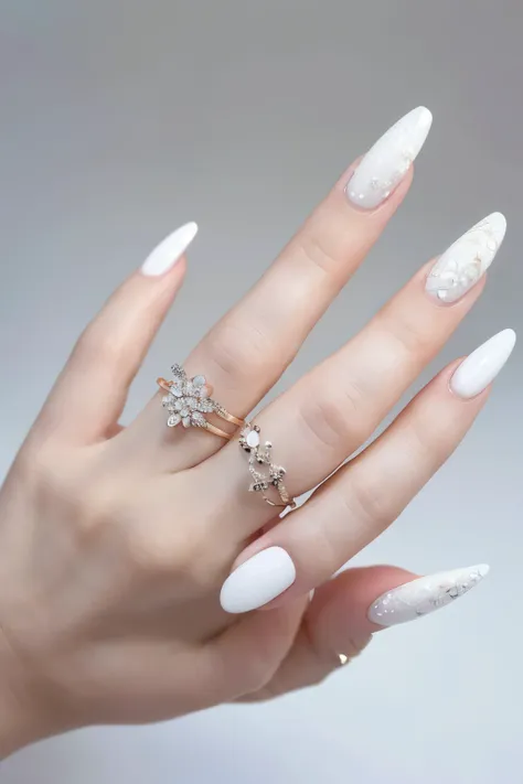 A beautiful image focused on nail art. The design features white as the main color with delicate and intricate patterns. The nails are on slender, long fingers and have a square shape. The background is white and minimalistic, with no people or text includ...