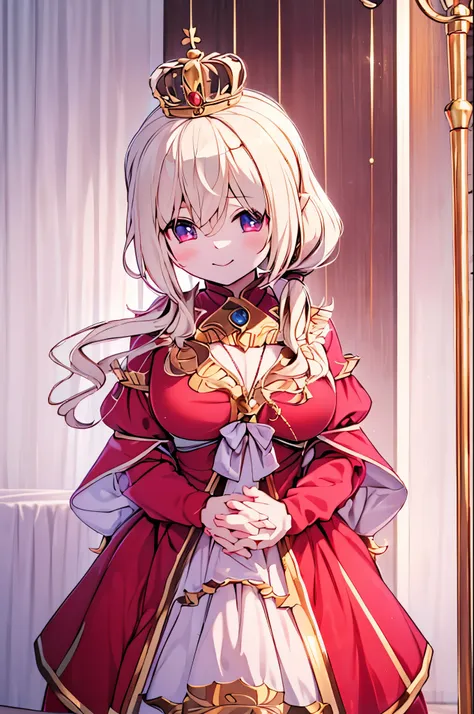 Queen，Long blond hair，Blonde pigtails，Braids that hang to the chest，Loli，Big breasted Loli ，Golden crown， golden crown ，Hands close up，Fingers interlocked，Red Dress，Red Dress裙，腰部以上close up，close up，Red Dress裙，金色花纹的Red Dress裙，Red long sleeve，long sleeve wit...