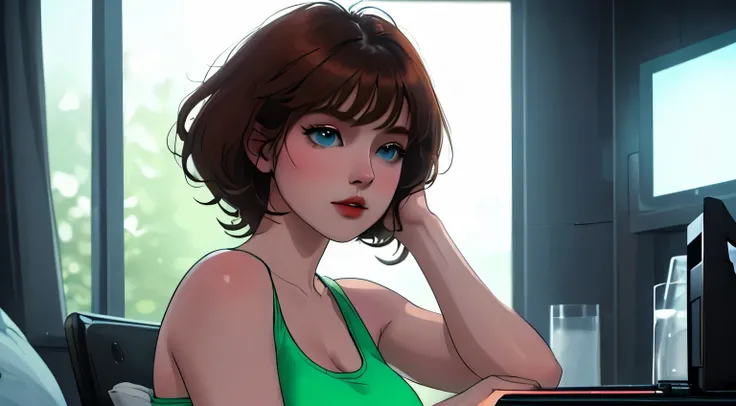 A Young girl short auburn hair with big breasts wearing a lush green tank top, sitting at a desk at night, illuminated by the glow of a laptop screen. She is typing on the keyboard with a focused expression, her blue eyes reflecting the light from the scre...