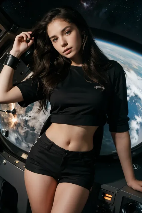  girl  .18 years old . brunette  .  in a black top .distinguished life . in black shorts . in a space carable . in space 