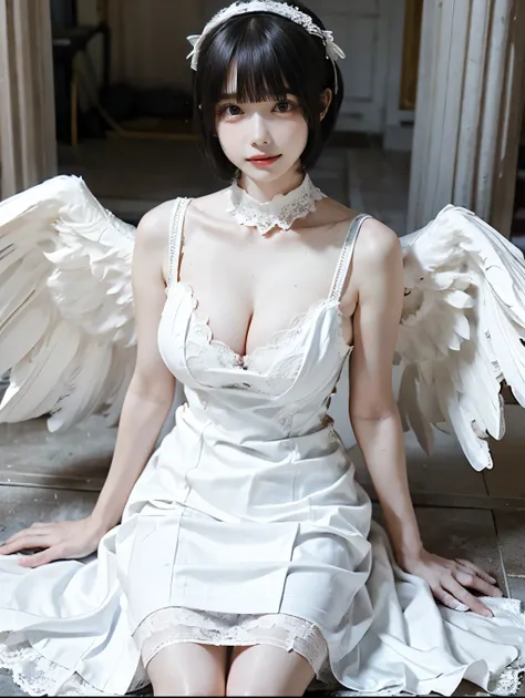 8K, Raw photo, Photorealistic, (Detailed skin, Best Quality:1.2), (Angel wings), ((White camisole dress, short lace dress, white lace collar)), (white head dress, bob hairstyle, bangs), Teenage girl with angel wings, in abandoned Greek temple, (cleavage, p...