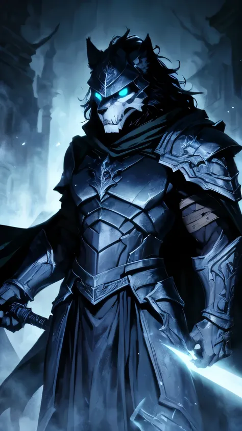 Create a representation of wolf, a dark and supernatural warrior with an intimidating and majestic presence. His helmet has a unique design, with a sharp and angular structure that completely covers his face, projecting an impassive and mysterious expressi...