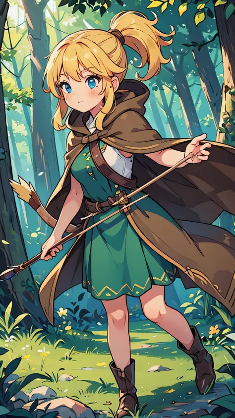 a woman in a forest, shooting a bow and arrows, blonde ponytail, modest breasts, blue eyes, green villager dress, brown cloak