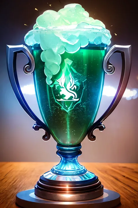 Create a brand logo based on the League of Legends championship trophy filled with cold beer using gaming headphones