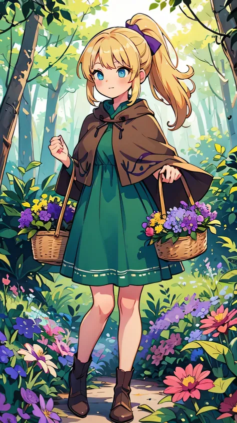 a woman in a forest, basket of purple flowers and berries, blonde ponytail, modest breasts, blue eyes, knee-length green villager dress, brown cloak