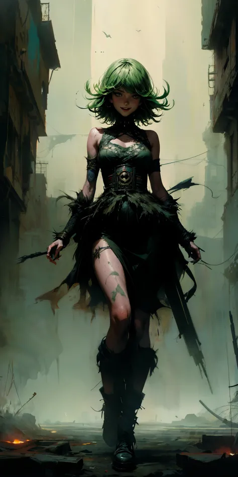 dark and torn, ((1 girl, Tatsumaki, short hair, green hair, small breasts, green eyes, bright eyes, smiling, blushing, closed mouth, piercing gaze, full body)), (colors on her clothes), standing in a commanding pose, dramatic lighting, deep shadows, gritty...