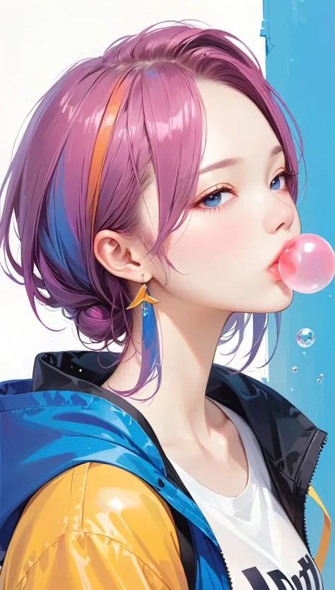 1girl, Alone, Chest, Viewer, blue eyes, Simple Background , white background , Earrings, large breasts, Lazy, Half-closed eyes, Dye your hair, Long sideburns, Blowing bubble gum, functional jacket , upper body, Open clothes, abdomen, From the side, op...