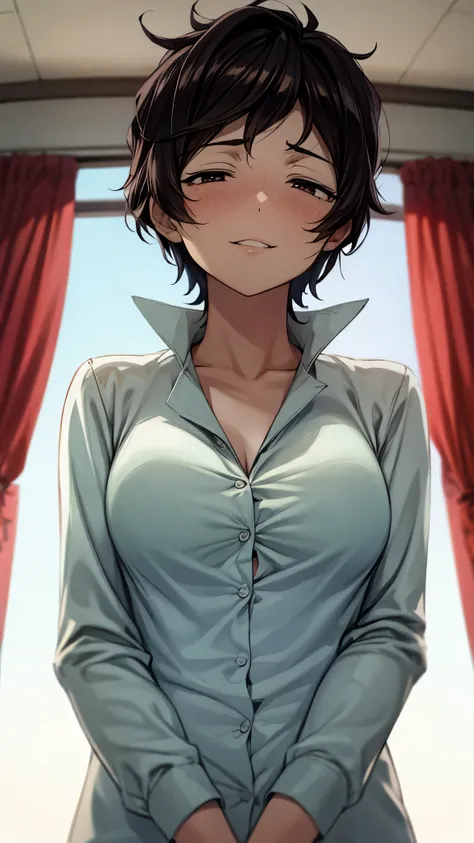 （ super quality, ultra high resolution,16k,super masterpiece,Ultra HD ,Detailed shading and background,）Upper body shot from below,One sexy woman,Short black hair,（A white shirt with the collar spread wide and standing straight, Lower Body Naked,） troubled...