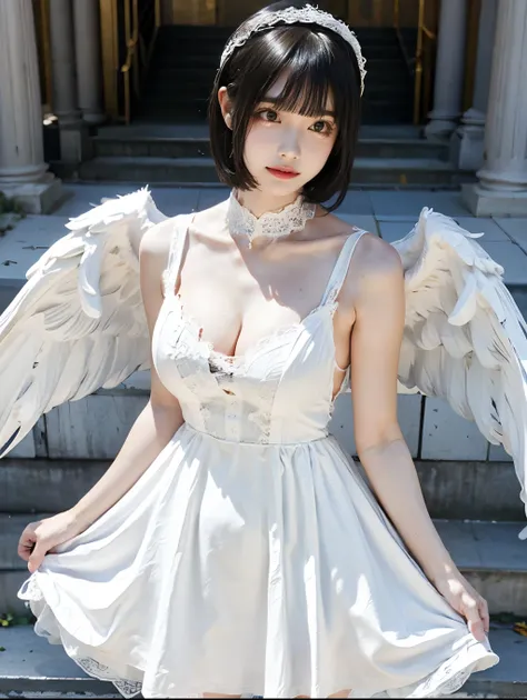 8K, Raw photo, Photorealistic, (Detailed skin, Best Quality:1.2), (Angel wings), ((White camisole dress, lace short dress, white lace collar)), (white head dress, bob hairstyle, bangs), Teenage girl with angel wings, in abandoned Greek temple, (cleavage, p...