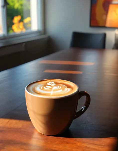 beautiful sunny day lifelike and very realistic with a coffee on a modern table, focus on a fresh coffee at the table, motivational, beautiful photography, 8k, very textured, very detailed, (best quality, 4K, 8k, highres), ultra-detailed, Studio lighting, ...