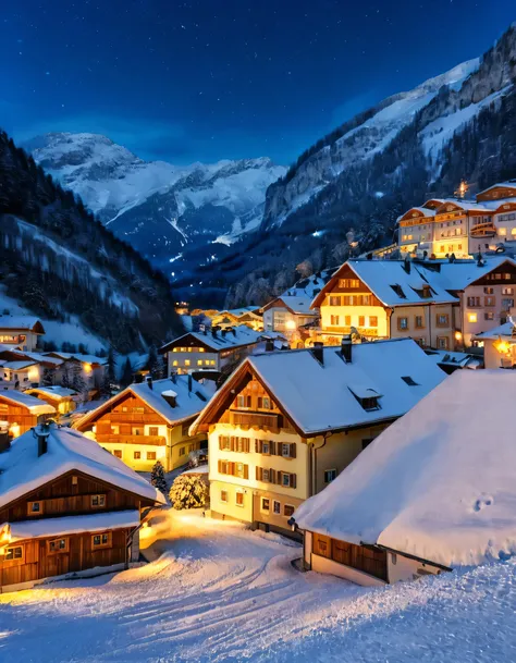 beautiful natural landscape in a village that looks like austria, snow, night, motivational, beautiful photography, 8k, very textured, very detailed, (best quality, 4K, 8k, highres), ultra-detailed, Studio lighting, extremely detailed, warm shades, (ultra ...
