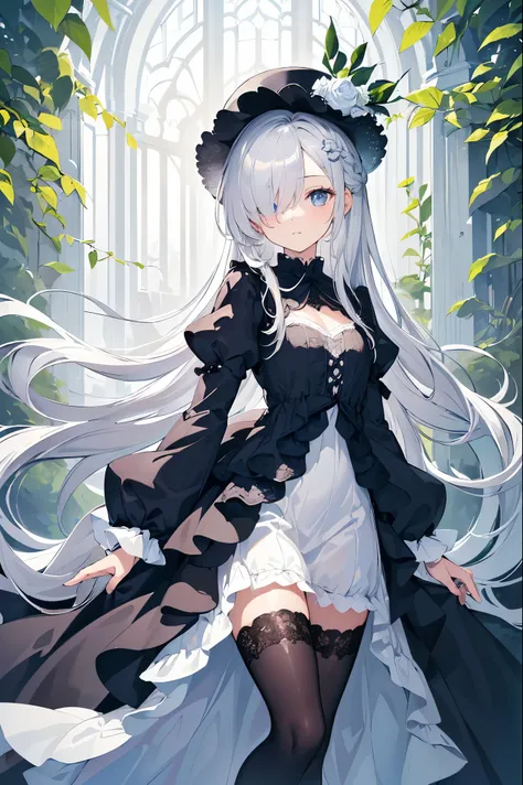 (((masterpiece))),(((best quality))),((ultra-detailed)), ((illustration)), ((an extremely delicate and beautiful)),(painting),(sketch),(vast stretch of silvery forest,silvery forests,silvery trunk,Silver leaves),a girl,solo,blue detailed eyes,silvery long ...