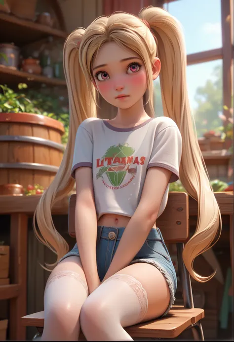 1girl, young girl, , sitting on a chair in a farmhouse, short t-shirt, jean shorts, white thigh highs, blushing, ((ultra realist...